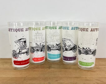 Antique Auto Tom Collins Glasses by Anchor Hocking - Set of 5, All Included