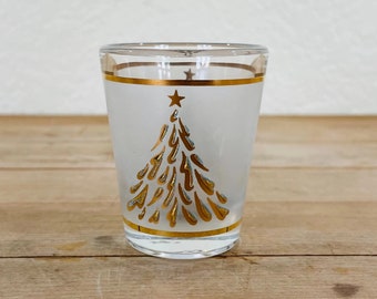 Culver Shot Glass, Silver and Gold Christmas Tree Shot Glass; Vintage 22K Gold and Silver Decorated Holiday Barware