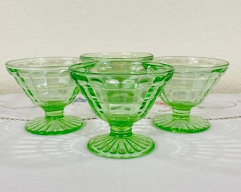 Uranium Glass Dessert Cups by Anchor Hocking, Block Optic Green Uranium Glass Cone Shaped Dessert Sherbet Champagne Glasses