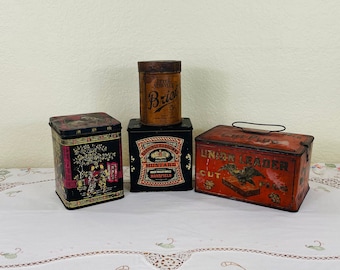 Set of 4 Vintage Metal Decorative Tins from the 20's through 70's; Metal Advertising Tins