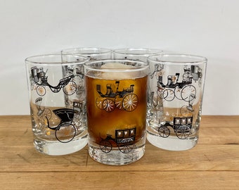 Libbey Curio Antique Carriage Whiskey Glasses/Tumblers; Vintage Libbey Barware