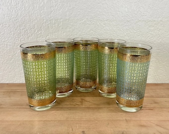Culver Style Green Lattice Collins Glasses - Gold Banded Tumblers, Set of 5 - Culver Style Tumblers