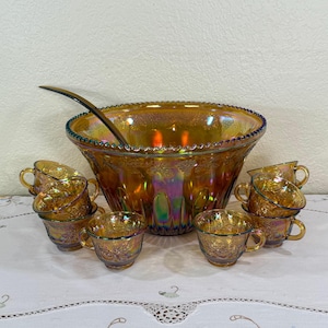 Amber Carnival Glass Punch Bowl Set: Indiana Glass Harvest Gold, 10 Cups