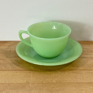 Jadeite Jane Ray Tea Cup and Saucer Set by Anchor Hocking, Vintage Jade-ite Green Glass Coffee Cup & Saucer, Fire King Collectible Glassware