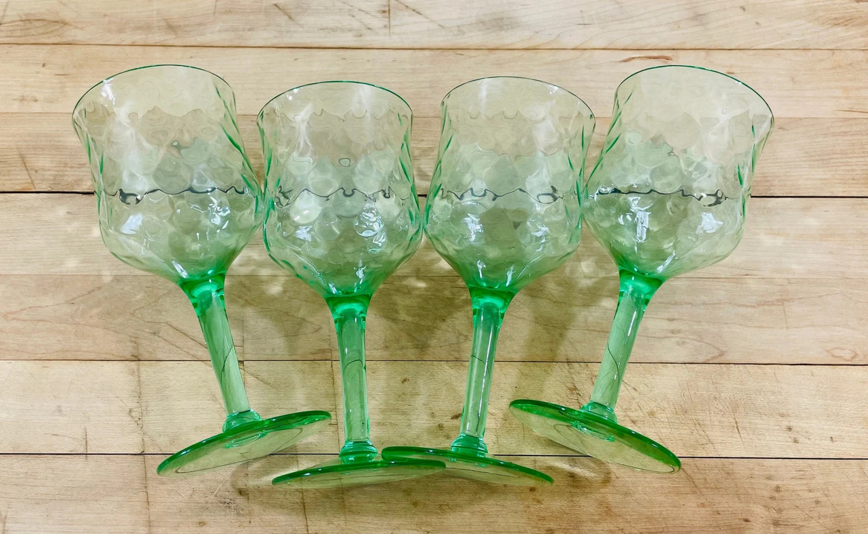 Green Uranium Glass Wine Glasses, Depression Era Stemmed Glassware