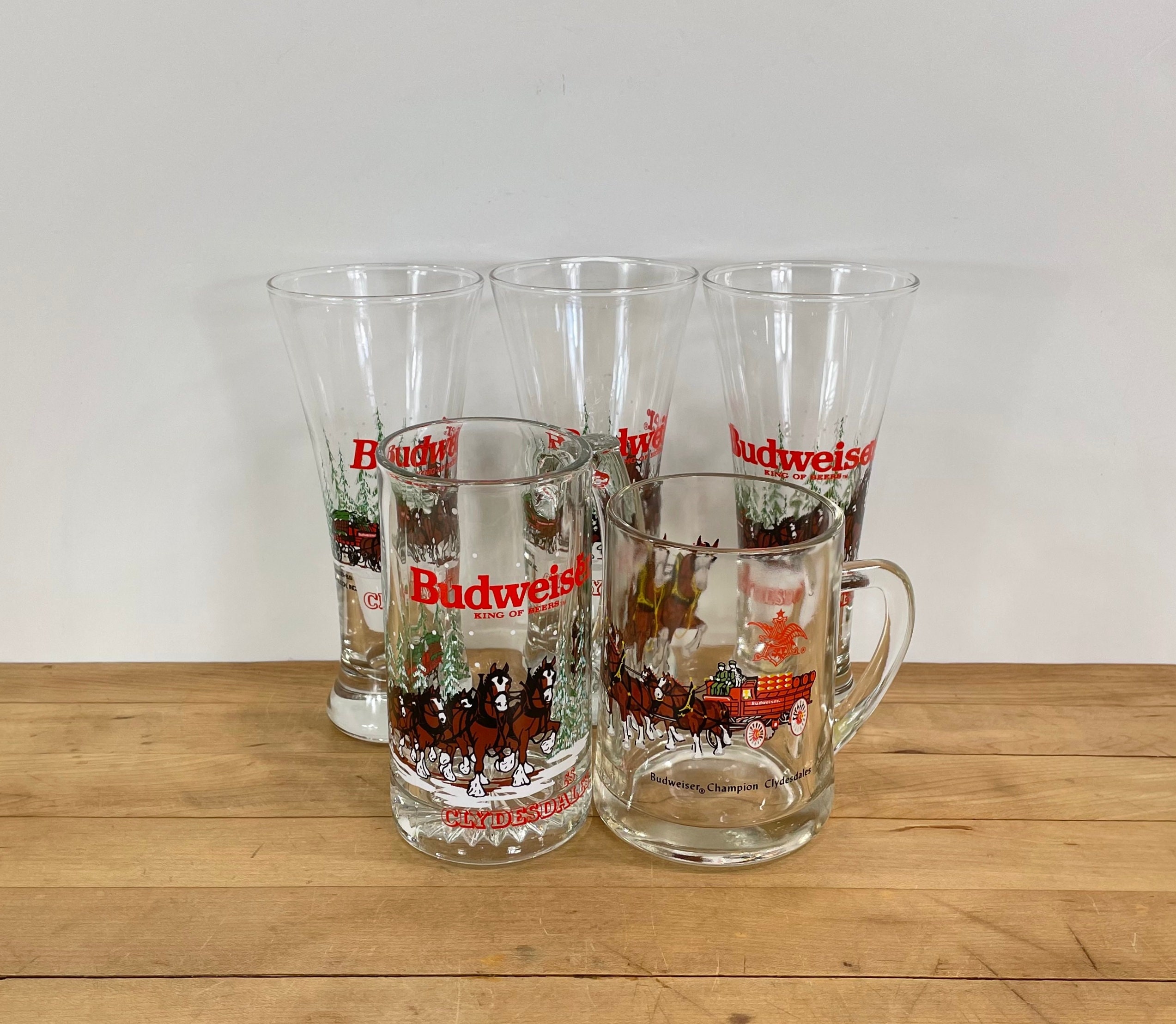 Set of 12 ~ Vintage BUDWEISER Clydesdale Winter Pilsner Beer Glasses & Mugs