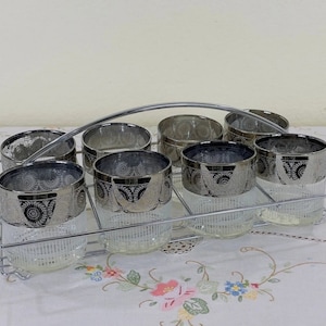 Culver Tyrol Silver Band Old Fashioned Glasses with Metal Carrier - Set of 8