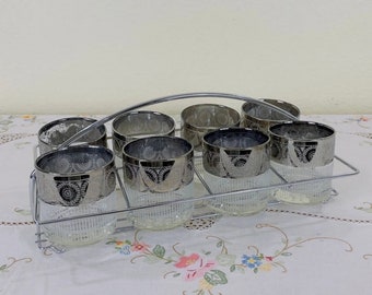 Culver Tyrol Style Vertical Cut Silver Band Floral Design Old Fashioned Glasses in Silver Toned Metal Carrier - All Included