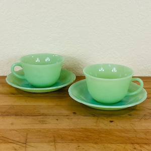 Vintage Jadeite Alice Cup and Saucer Set: Anchor Hocking Fire King, Set of 2