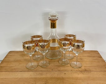 Vintage Culver Tyrol Wine Glasses & Decanter Set, 6 Wine glasses and Matching Decanter Surrounded by 22KT Gold, All Included