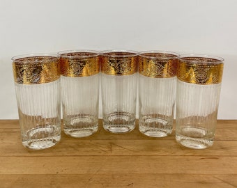 Culver Tyrol 22K Gold Highball/Collins Glasses; Set of 5 Glasses, All Included