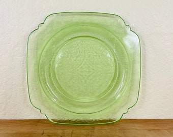 Green Madrid Lunch Plate by Federal Glass, Depression Era Federal Glass Madrid Green Uranium Glass 8 7/8" Luncheon Side Salad Plate