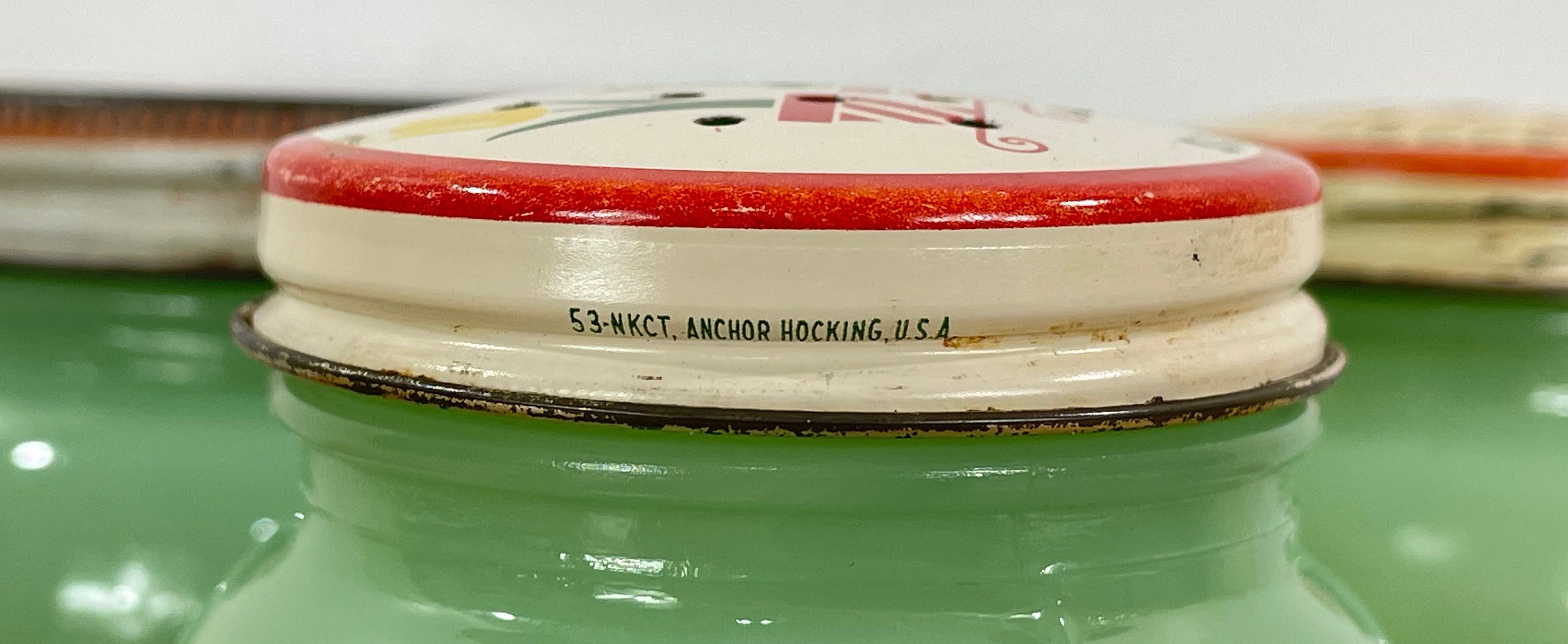 Jadeite Salt, Pepper, and Grease Jar Set With Metal Tulip Decorated