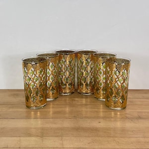 Vintage Culver Valencia 22K Gold Highball Glasses, Set of 6, Signed