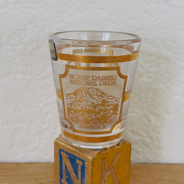 Culver Shot Glass, Souvenir Shot Glass from Mount Rainier National Park, WA Narada Falls; Vintage 22K Gold Decorated Barware