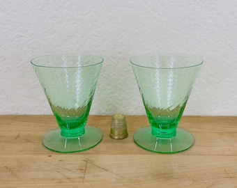 Depression Era Green Uranium Glass 3 Ounce Footed Cordial Glasses - Set of 2, Both Included