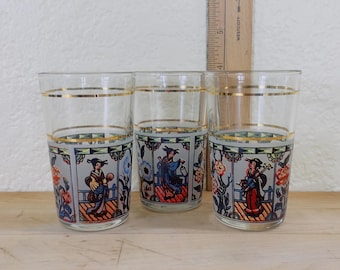 Asian Theme Juice Glasses: Gold Banded Japanese Women & Flowers, Set of 3