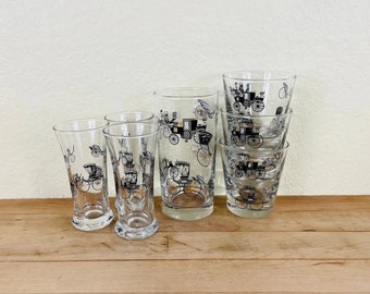 Libbey Curio Cocktail Glasses-Antique Carriage, Cordials, Cocktails, and Highball Glasses, Vintage Libbey Barware - Set of 7, All Included