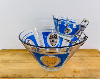 Vintage Hazel Atlas Chip and Dip Set: Blue & Gold Grape Design