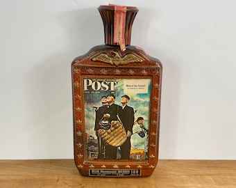 Jim Beam Post Bicentennial Decanter, Empty Bourbon Decanter with Normal Rockwell's Brooklyn Dodgers at Ebbets Field Picture