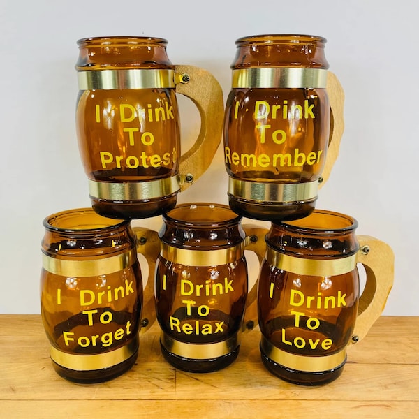 Siesta Ware Style "I Drink To..." Brown Glass Beer Mugs with Wooden Handles, Set of 5, All Included