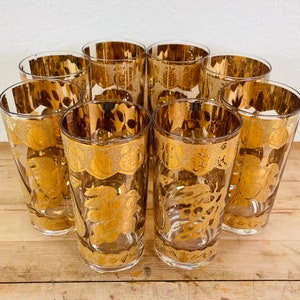 Culver Florentine Highball Glasses - 22K Gold Fruit Design - Mid-Century Barware Set