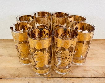 Culver Florentine Highball Glasses - 22K Gold Fruit Design - Mid-Century Barware, Set of 8, All Included