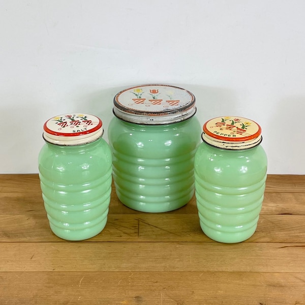 Jadeite Salt, Pepper, and Grease Jar Set with Metal Tulip Decorated Tops by Anchor Hocking