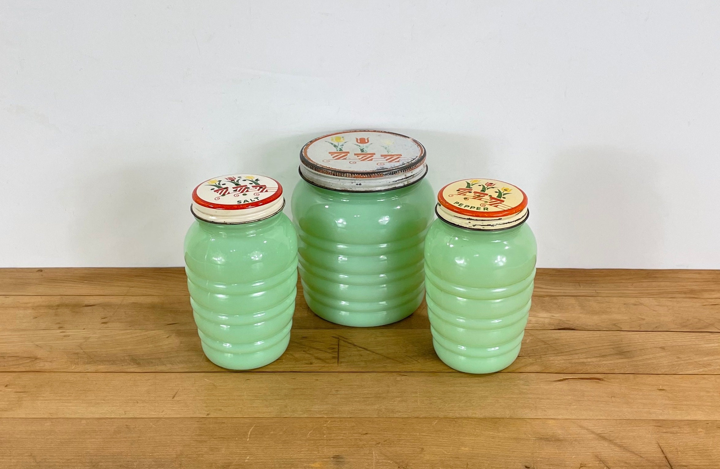 Vintage Pantry Storage Jar Jadeite Green Lid Glass Big One - Ruby Lane