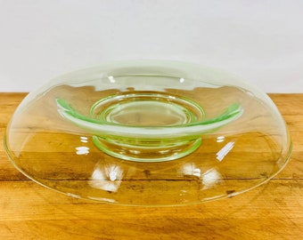 Green Uranium Glass Console Bowl, Pale Green Domed/Rolled Rim Art Deco Uranium Glass Console Bowl