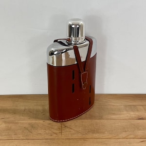 As Is - Hip / Travel Flask in Leather Case with Metal Shot Glass and Metal Collar on Top, Made in England by Griffon