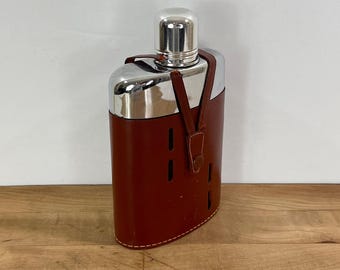 Leather Covered Travel Flask with Metal Shot Glass - Griffon England