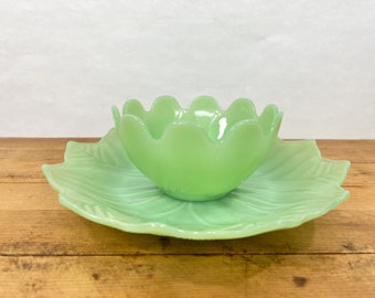 Jadeite/Jadite Lotus Leaf Plate and Lotus Blossom Bowl Set by Anchor Hocking/Fire-King