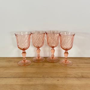 Arcoroc Pink Water Goblets, Luminarc Rosaline Pink Swirl 8 Ounce Wine Glasses, French Glassware, Set of 4, All Included