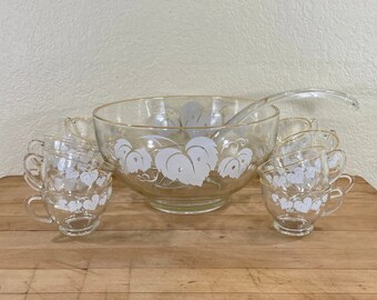 White Grape Leaves Punch Bowl Set by Anchor Hocking, Gold Rimmed Punch Bowl, Glass Ladle, and 12 Matching Cups -  All Included