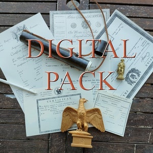 May include: A collection of vintage documents and ephemera, including certificates, a police document, and a military certificate. The documents are on a wooden surface and feature a gold eagle figurine and a small pipe.