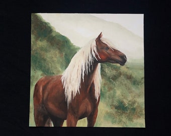 May include: A painting of a brown horse with a long, flowing white mane. The horse is set against a backdrop of green hills and a hazy sky. The artwork is square and framed in black.