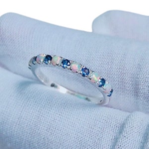 Opal Sapphire Wedding Band, Opal Half Eternity Band, Dainty Opal Band, Matching Band, Birthstone Ring, Stacking Ring, Anniversary Gift