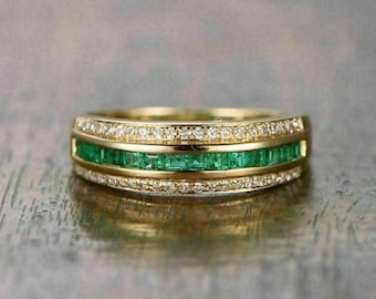 Emerald Wadding Band, Yellow Gold Emerald Half Eternity Ring, Emerald Engagement Ring, Promise Ring, Band Ring, Birthstone Ring Band