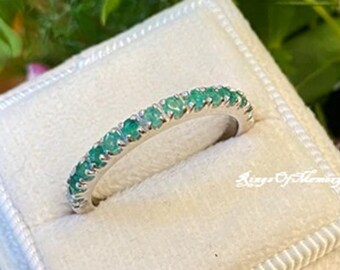 Natural Emerald Wedding Band. Sterling Silver Band, Emerald Half Eternity Band, May Birthstone, Matching Band, Anniversary Gift For Her