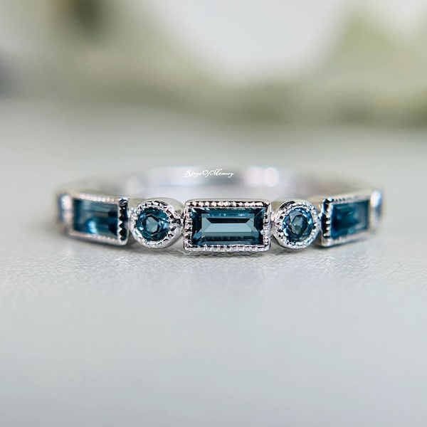 Natural London Blue Topaz Wedding Band, Blue Topaz Half Eternity Band, Stacking Band, Matching Band. Vintage Ring, Anniversary Gift For Her