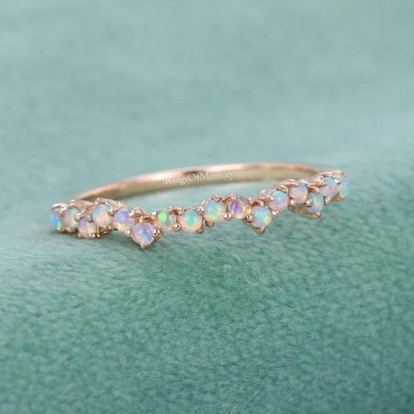 Natural Opal Ring, Vintage Opal Band, Opal Wedding Band, Rose Gold Opal Ring, Dainty Opal Ring, October Birthstone Ring, Matching Band Ring