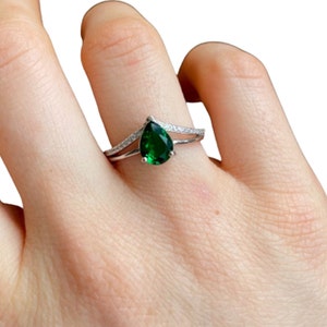 Emerald Ring, Emerald Engagement Ring, Sterling Silver Ring, Pear Shape Emerald Ring, May Birthstone, Promise Ring, Anniversary Gift For Her
