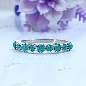 Turquoise Wedding Band, Women Vintage Half Eternity White Gold Round Cut Wedding Band, Match Stacking Band Dainty Promise Ring Gift for her