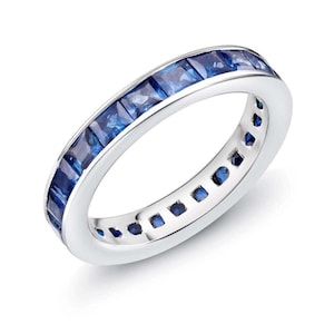Sapphire Wedding Band, Sterling Silver Band, Full Eternity Band, Birthstone Stacking Ring, Matching Band, Engagement Ring, Gift For Her