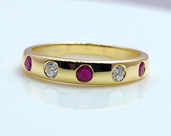 Ruby Moissanite Wedding Ring: 14k Gold Shared Bezel Half Eternity Band