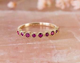 Natural Ruby Wedding Band: 14k Yellow Gold Bezel Eternity Ring