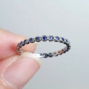 14K White Gold Blue Sapphire Ring, Sapphire Full Eternity Wedding Band, 2 mm Sapphire Ring, Stacking Matching Band