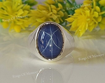Vintage bague étoile bleu Lindy, bague en argent saphir étoilé bleu, argent sterling 925, pierre précieuse étoile de laboratoire 6 rayons, bague de fiançailles, bague unisexe