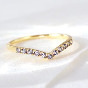 Natural Tanzanite Curve Wedding Band, 14k Gold Band, Vintage Half Eternity Band, V shape Stacking Matching Band, Art Deco Band, Custom